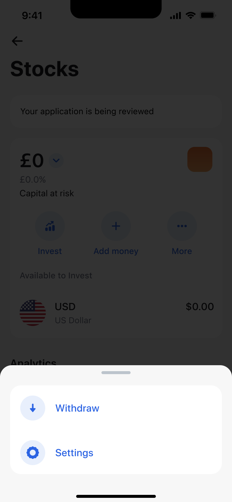 Stocks account more actions sheet: withdraw and settings.