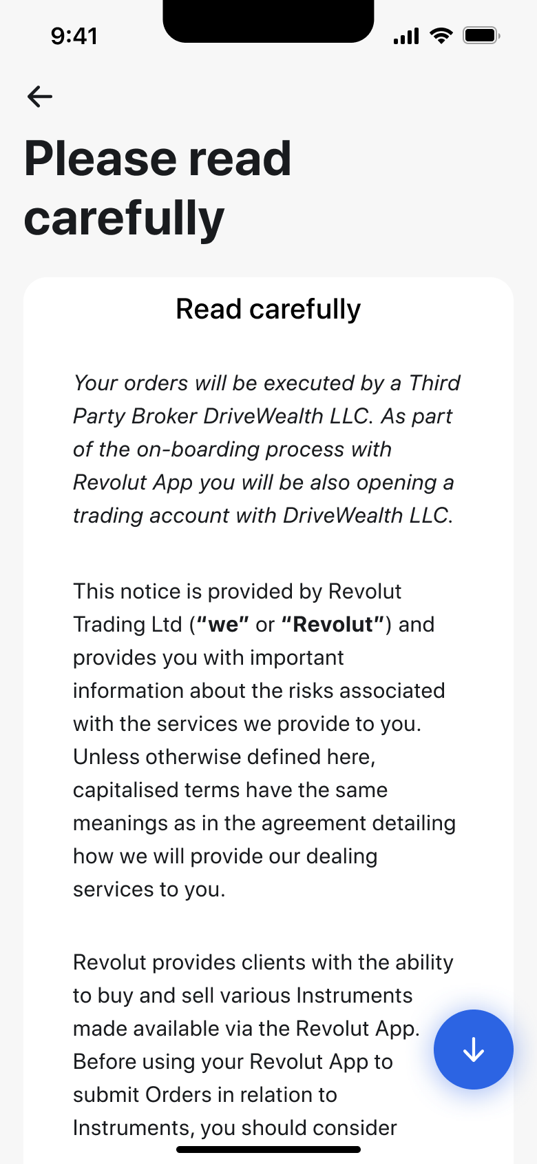 Please read carefully: trading terms notice in a scrolling card with scroll-down button.