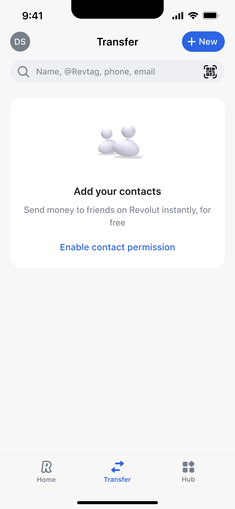 Transfer tab with no contacts and enable contact permission link.