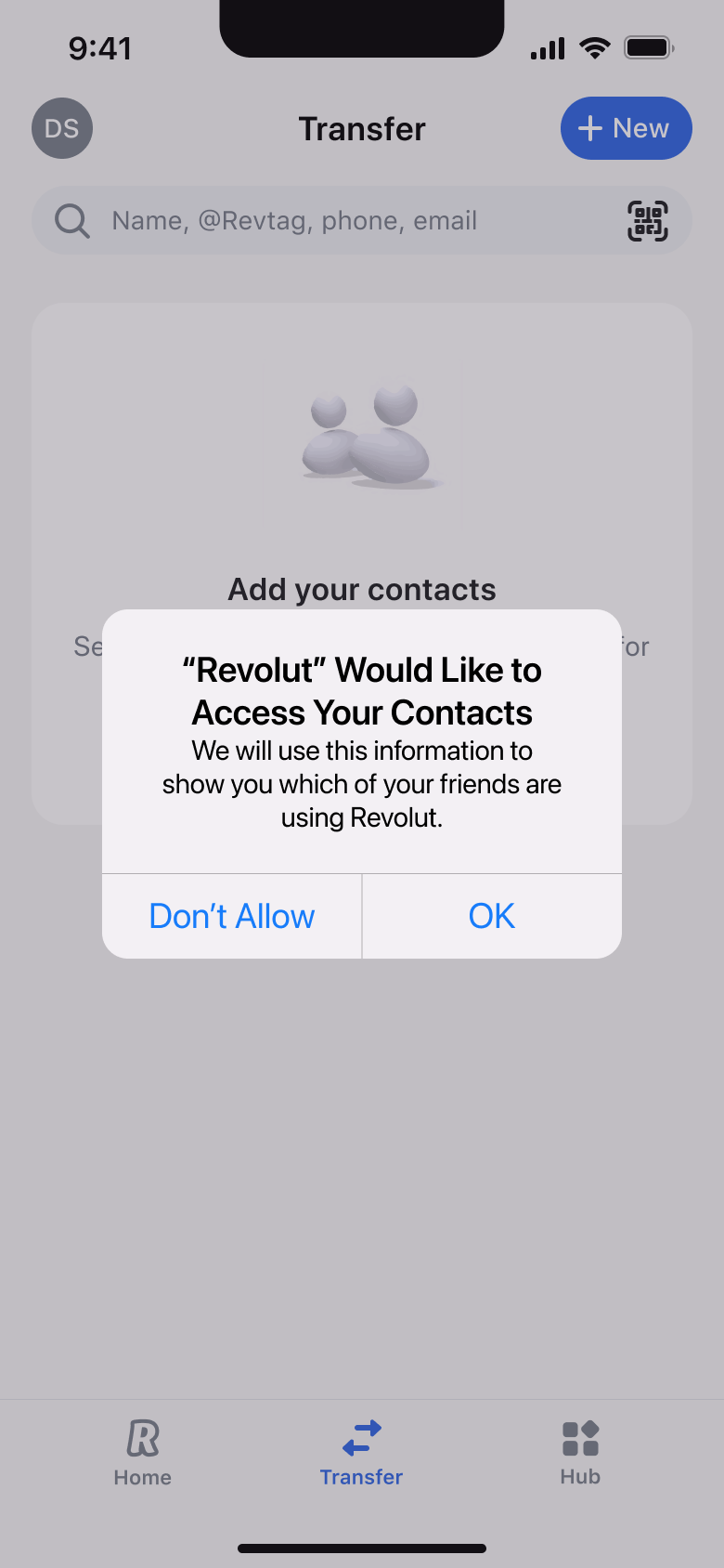 Contacts permission system alert over the empty transfer screen.