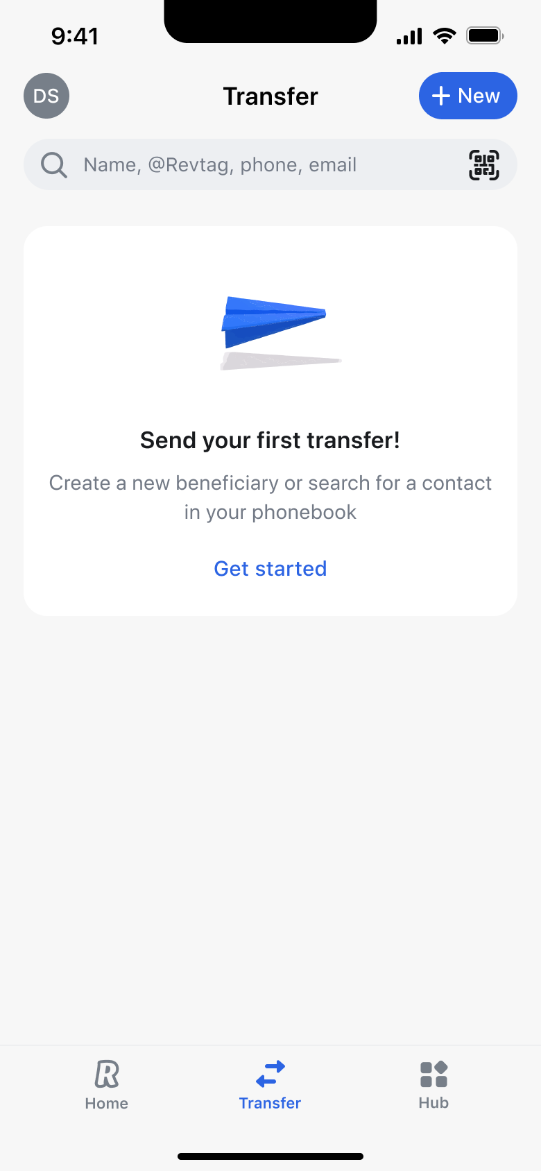 Send your first transfer empty state with get started link.