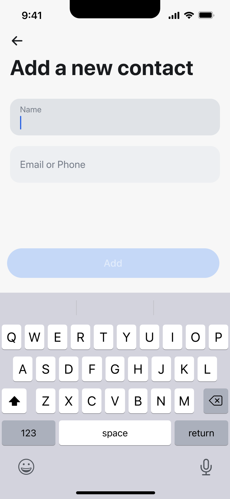 Add a new contact: name and email or phone fields.
