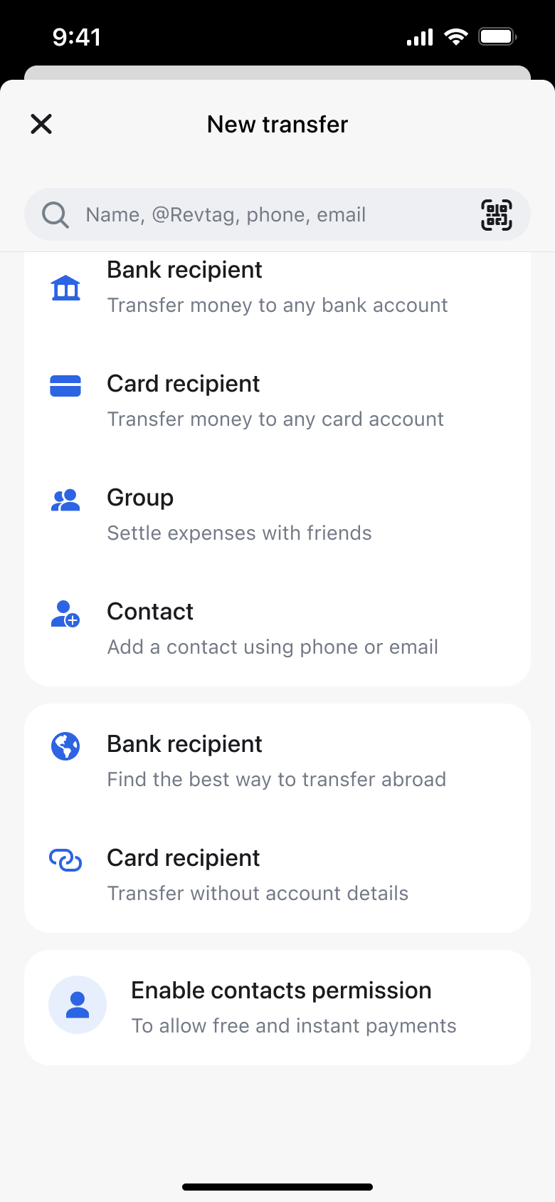 New transfer options scrolled with enable contacts permission.