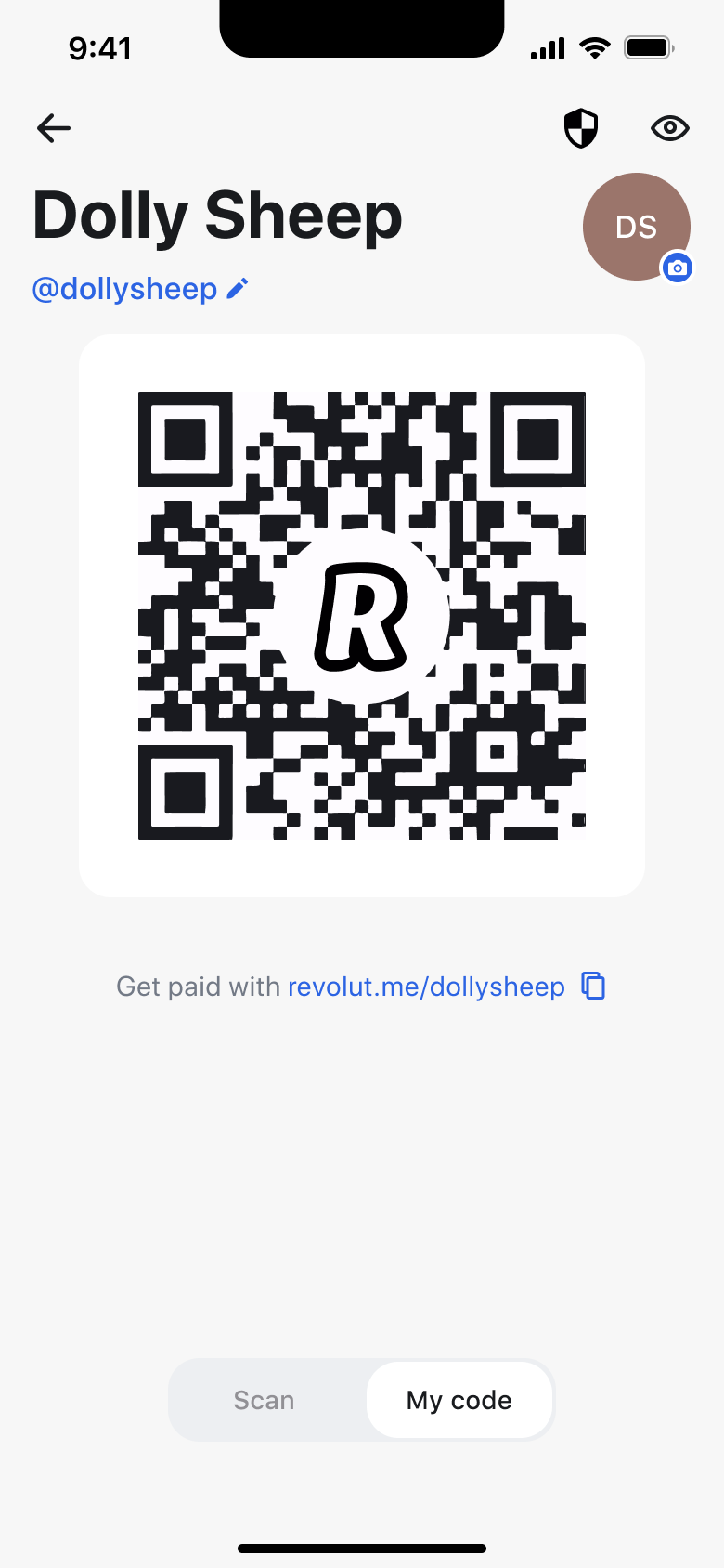My code: personal QR code with payment link and copy button.