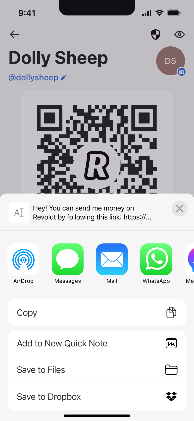 Share sheet for a payment link with message preview and apps.