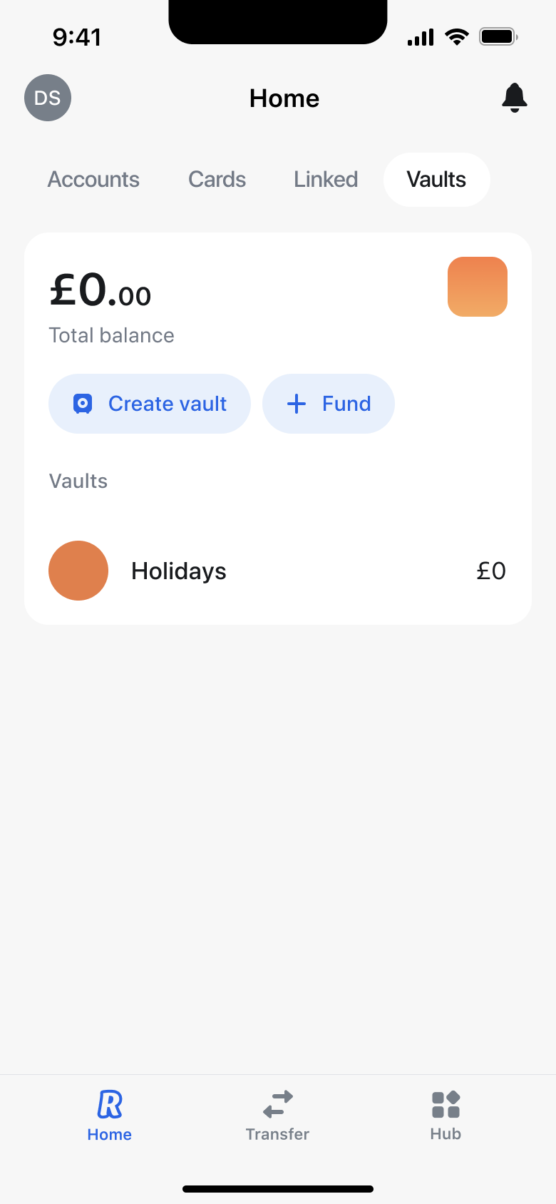 Home vaults tab: total balance, create vault and fund buttons, vault list.