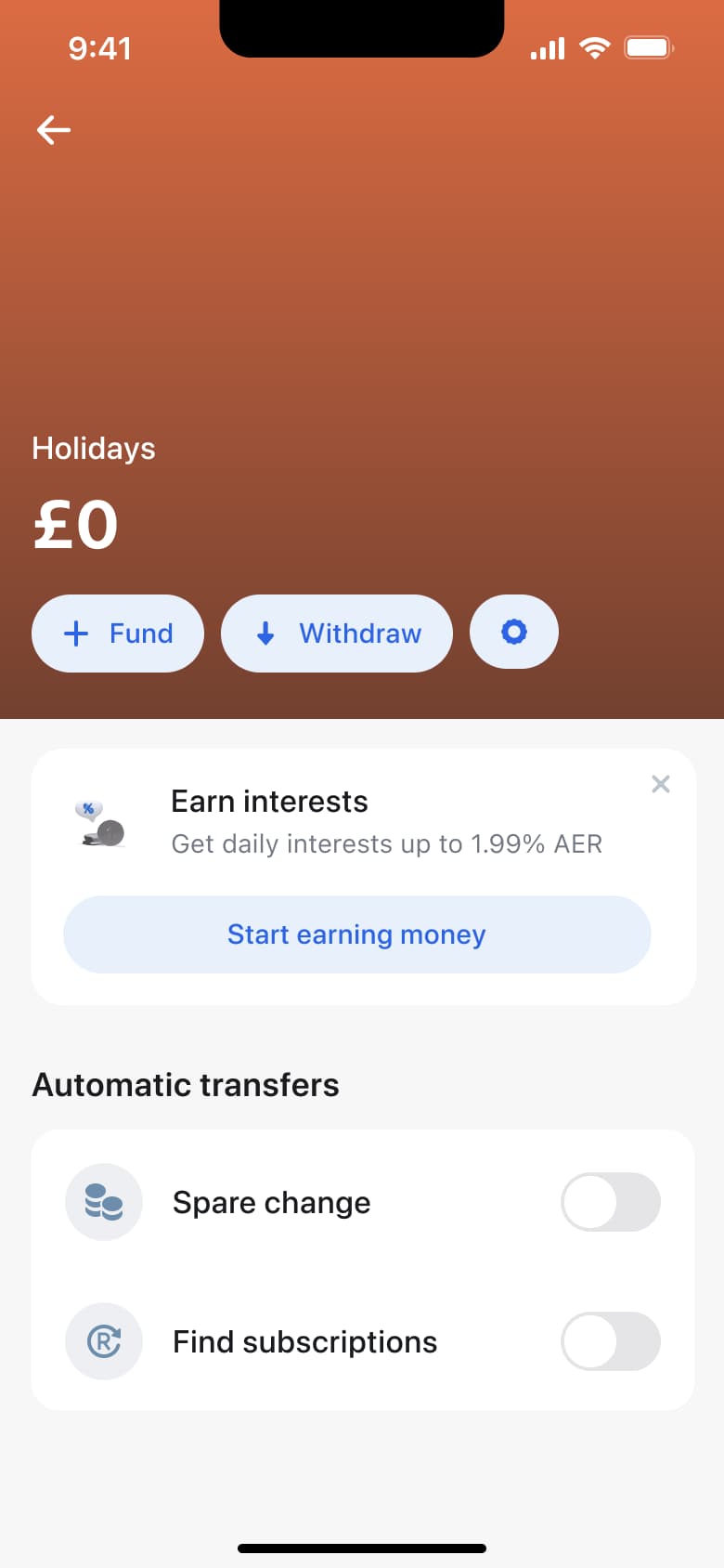 Vault detail: balance, fund, withdraw and settings buttons, earn interest promo and automatic transfers.