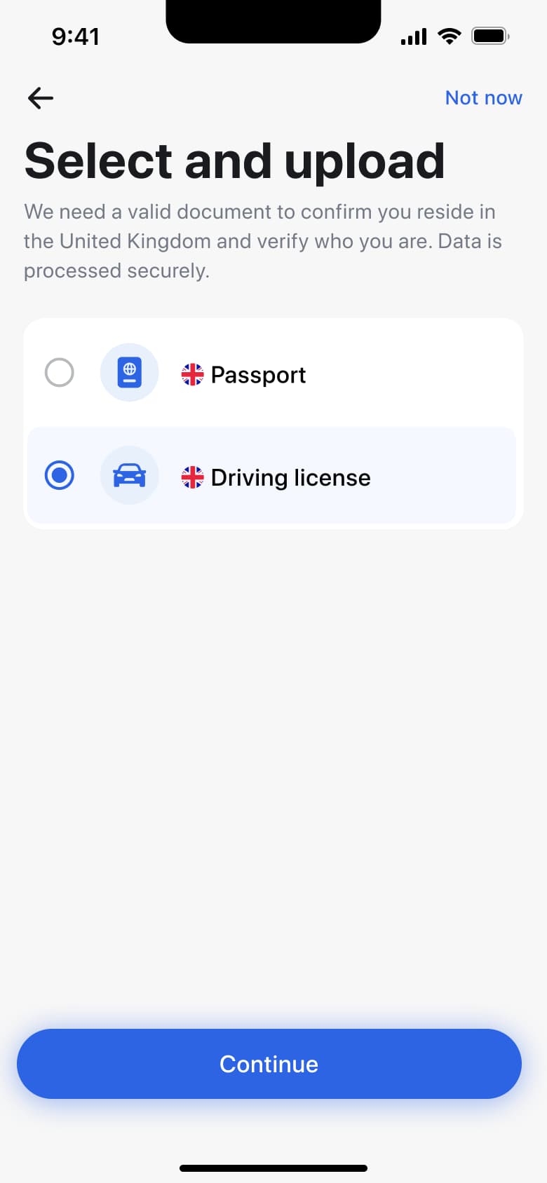 Select and upload with driving licence selected.