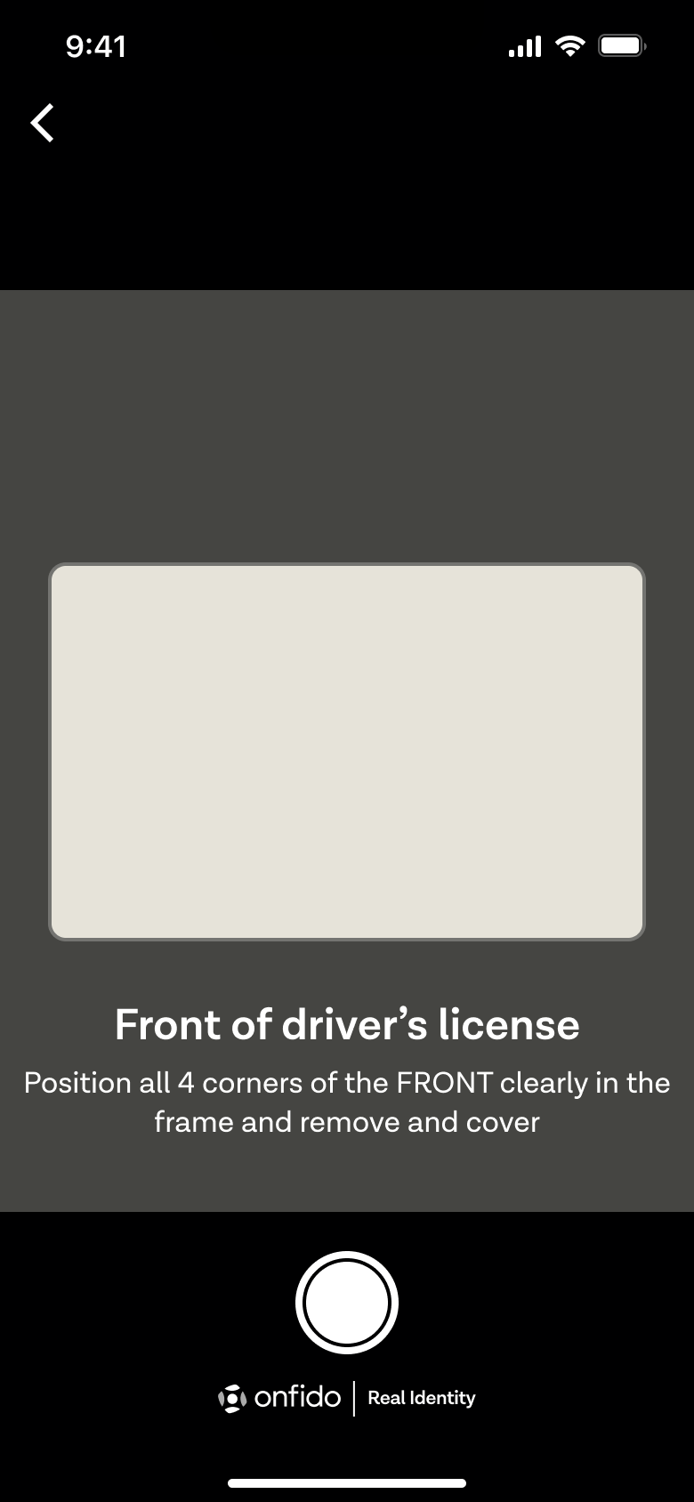 Front of driving licence capture frame with instructions and shutter.