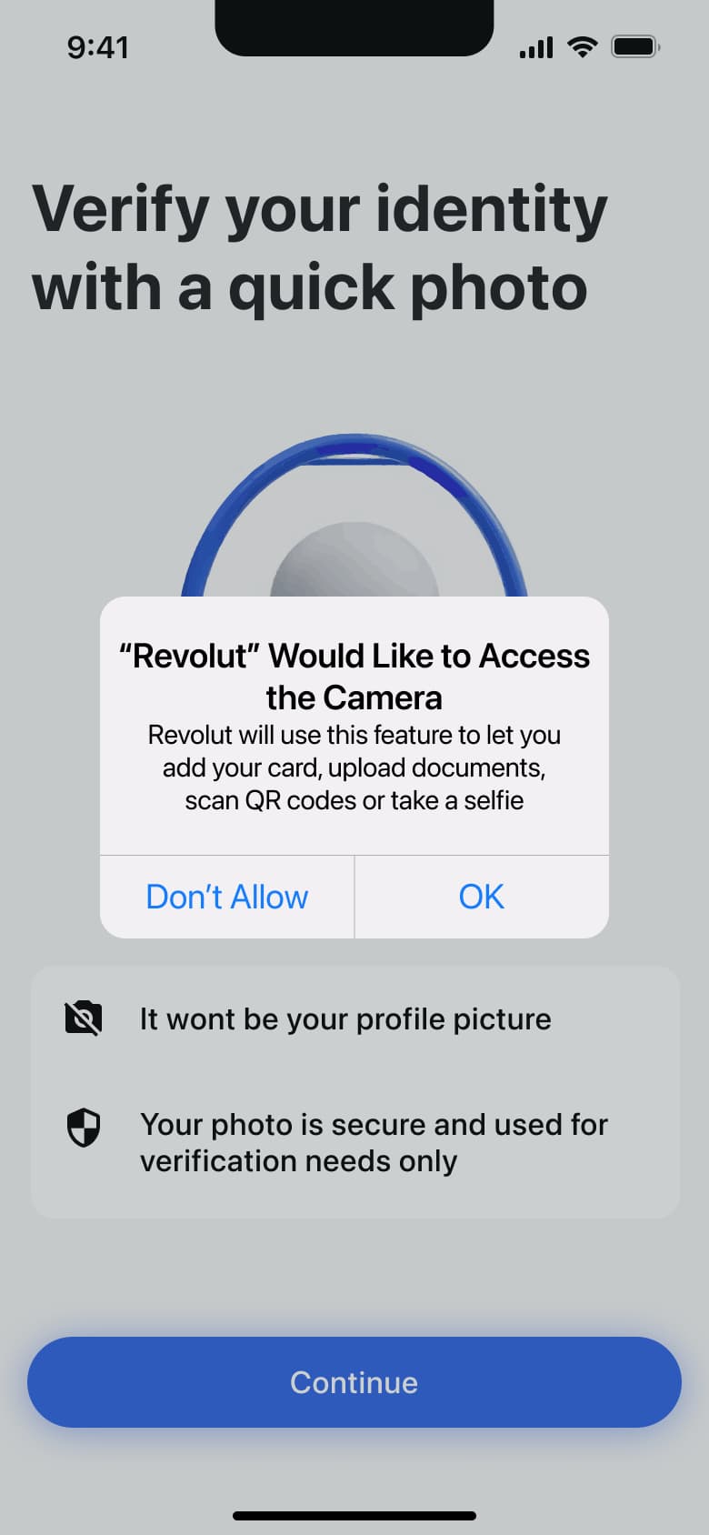 Camera permission system alert over the selfie verification intro.