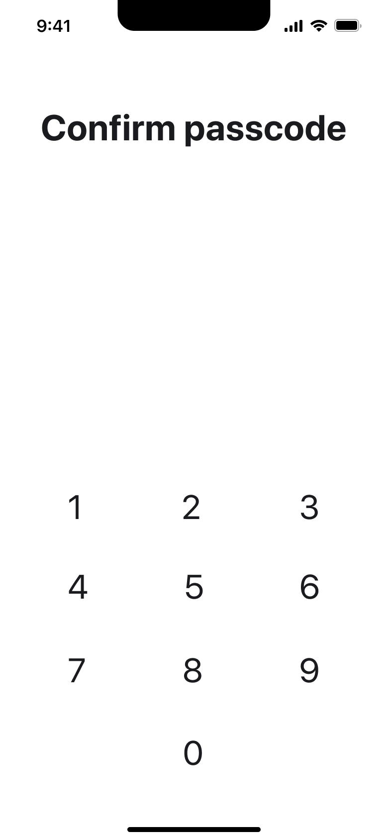Confirm passcode with empty dots and keypad.