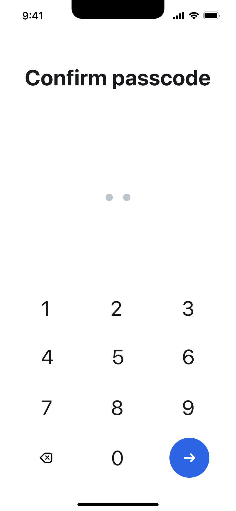 Confirm passcode partly entered.