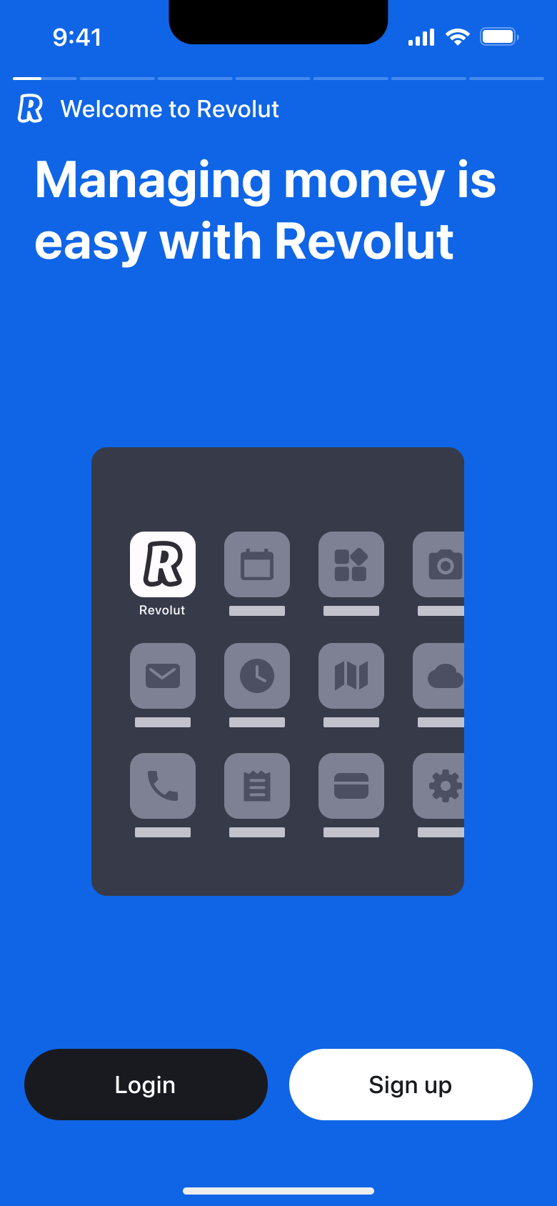 Welcome carousel slide showing app icon grid illustration with log in and sign up.