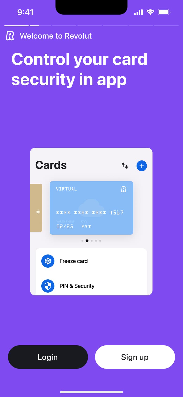 Carousel slide: control your card security in app, with card settings preview.