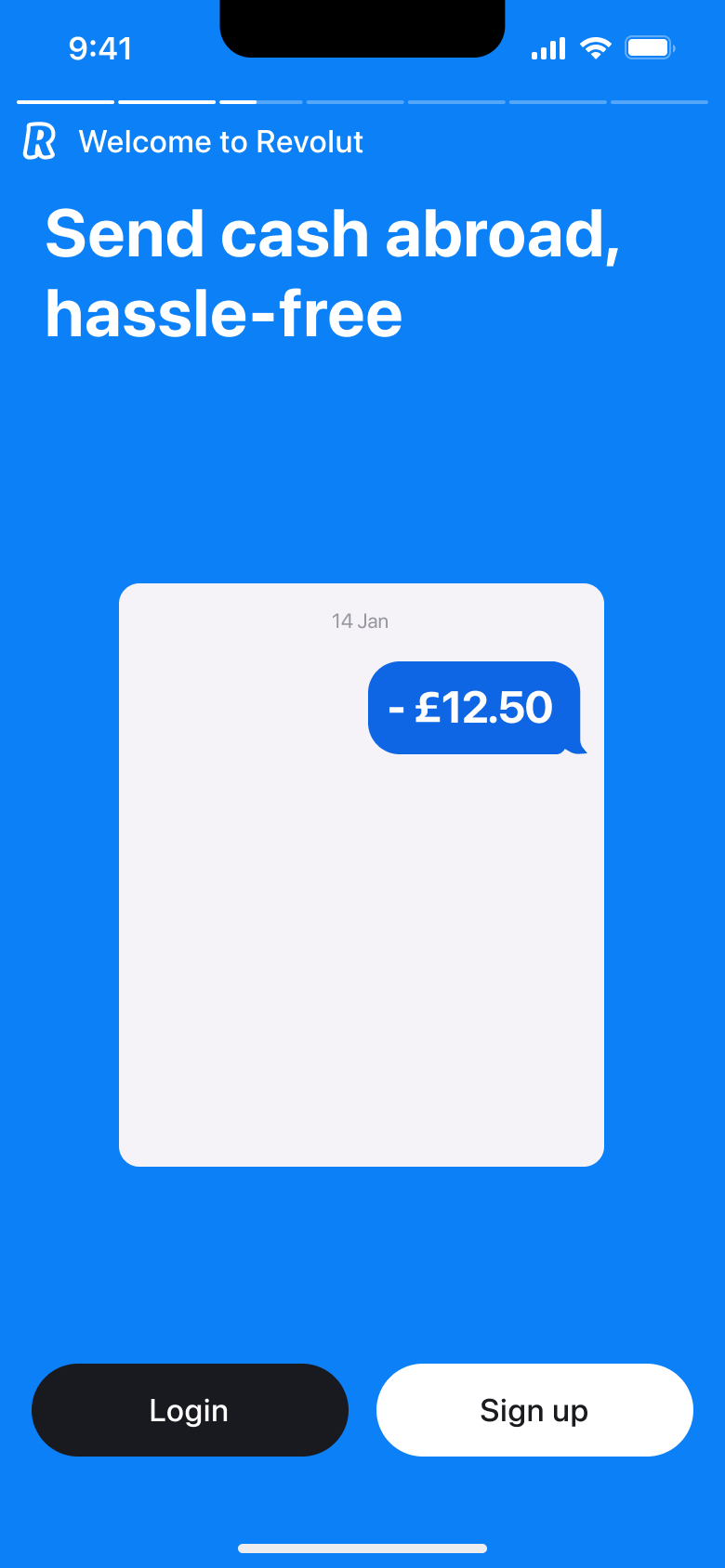 Carousel slide: send cash abroad, with payment message bubble.