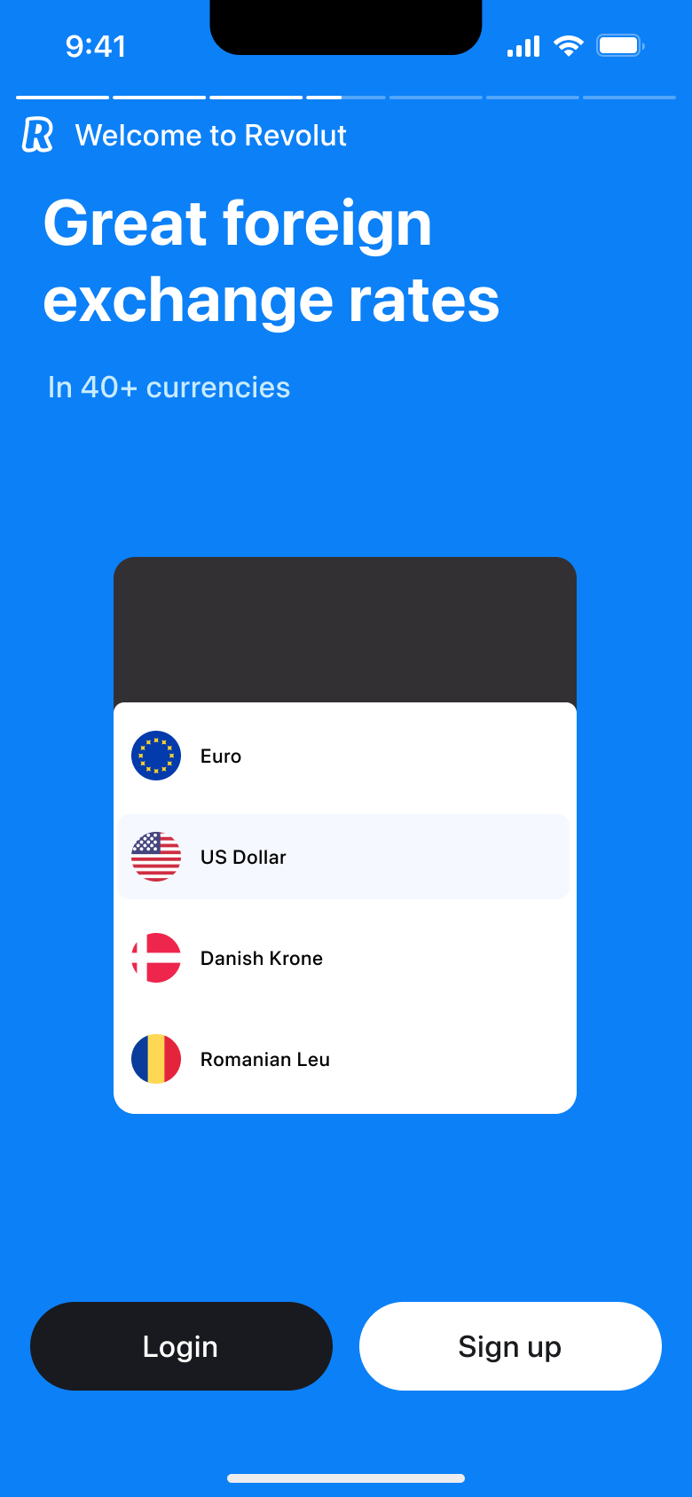 Carousel slide: great foreign exchange rates with currency list preview.