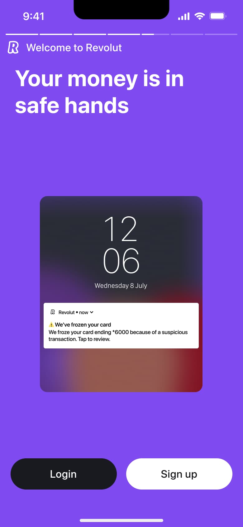 Carousel slide: your money is in safe hands, with lock screen alert preview.