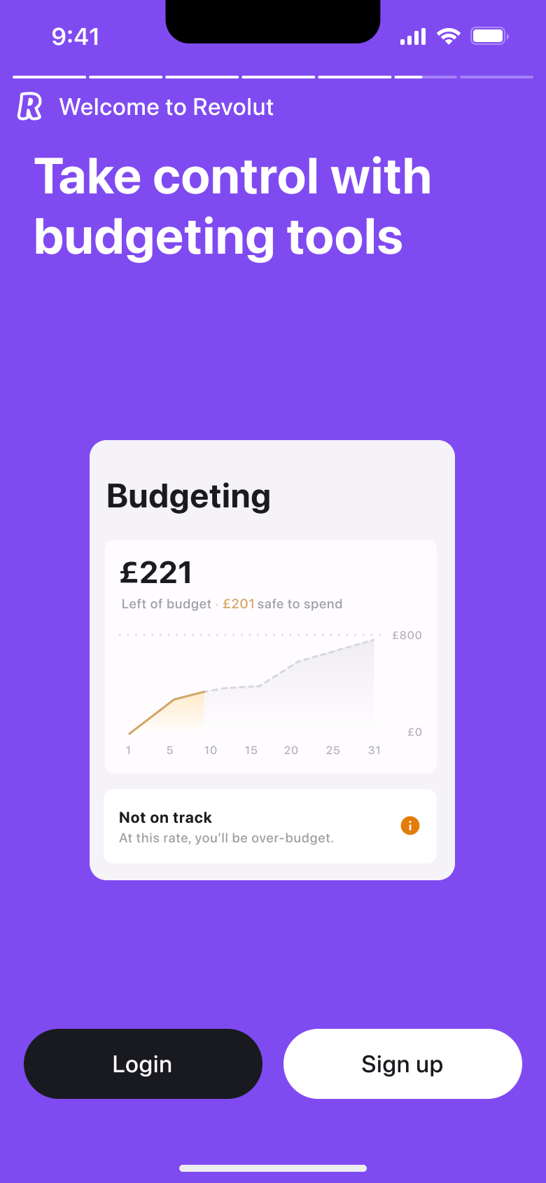 Carousel slide: budgeting tools with spending chart preview.