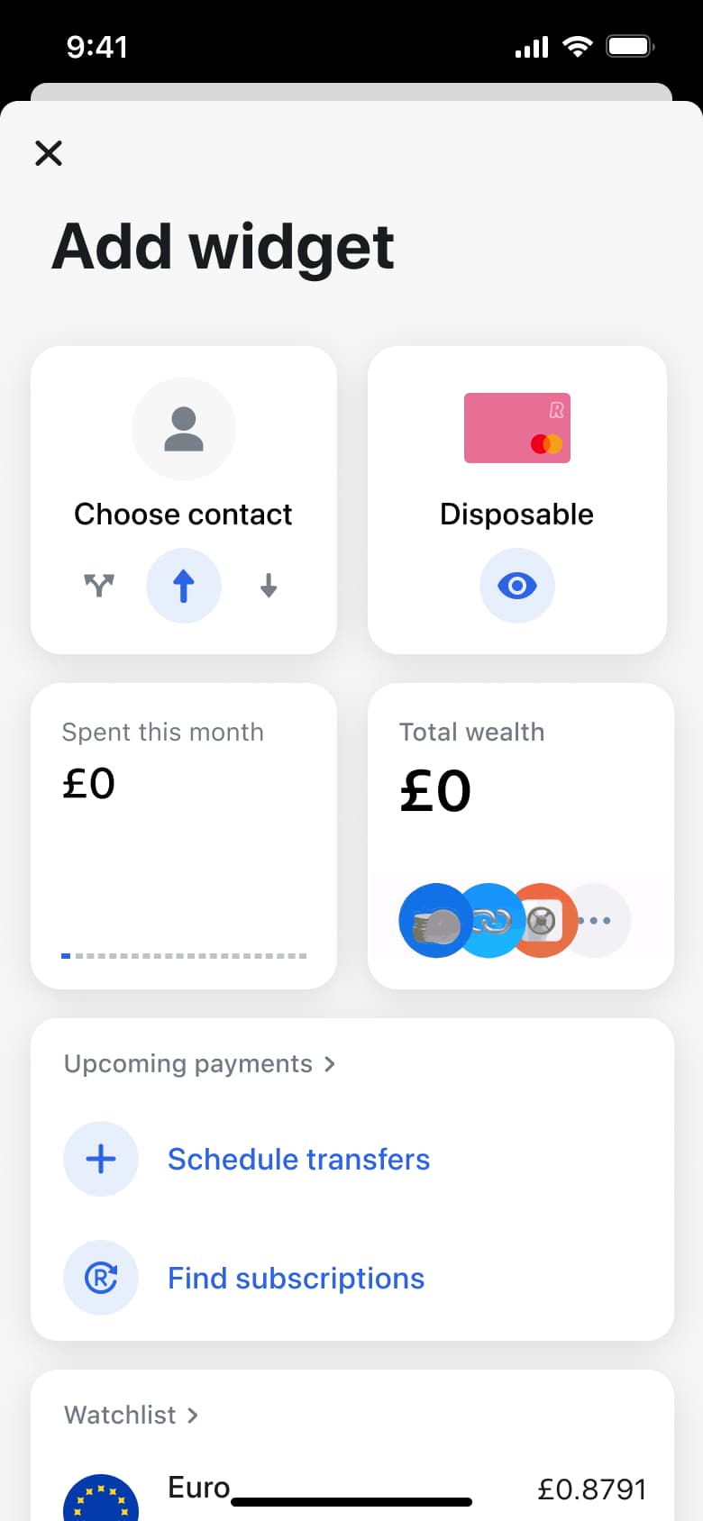 Add widget gallery: contact, card, spending and total wealth widgets, upcoming payments.