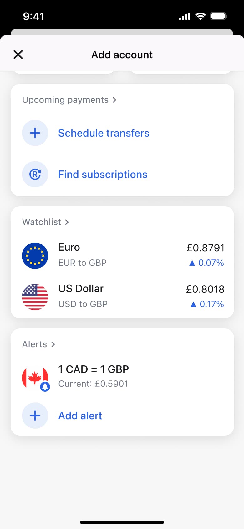 Add widget gallery scrolled: upcoming payments, watchlist and rate alerts widgets.