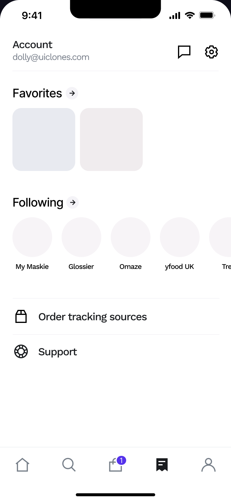 Account: favourites, following shops, order tracking sources and support.