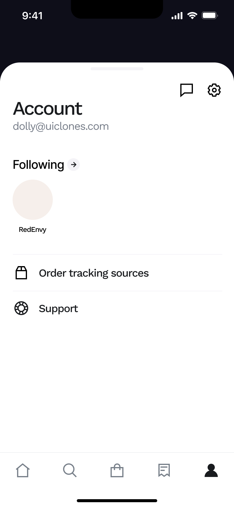 Account: following, order tracking sources and support.