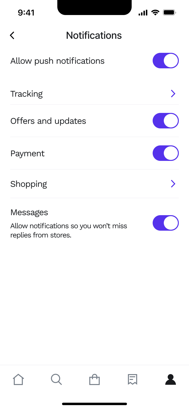 Notifications: push, tracking, offers, payment, shopping and messages.