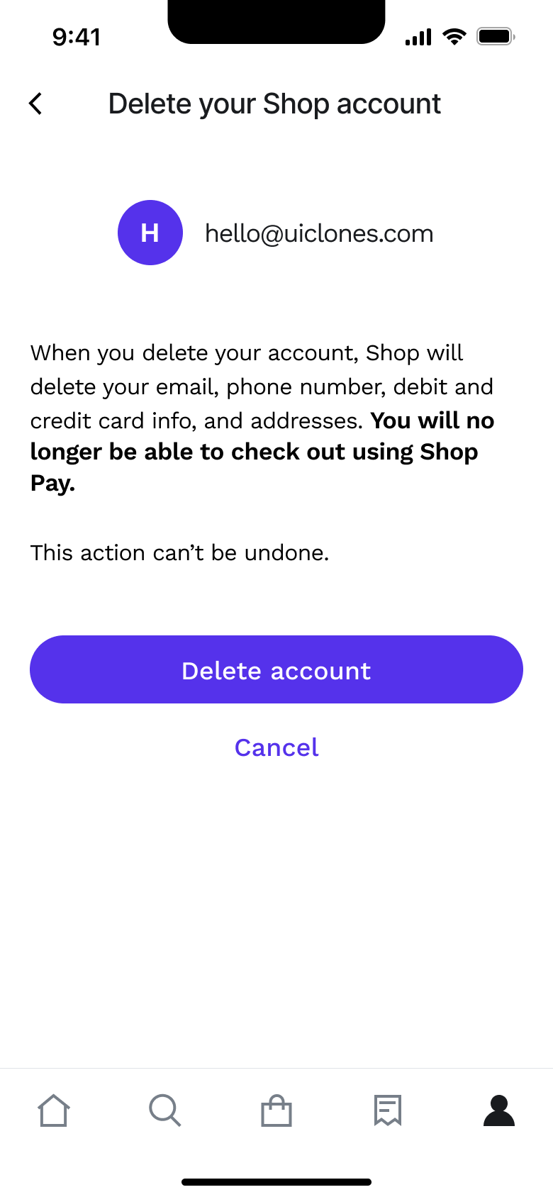 Delete your account: warning, delete account or cancel.