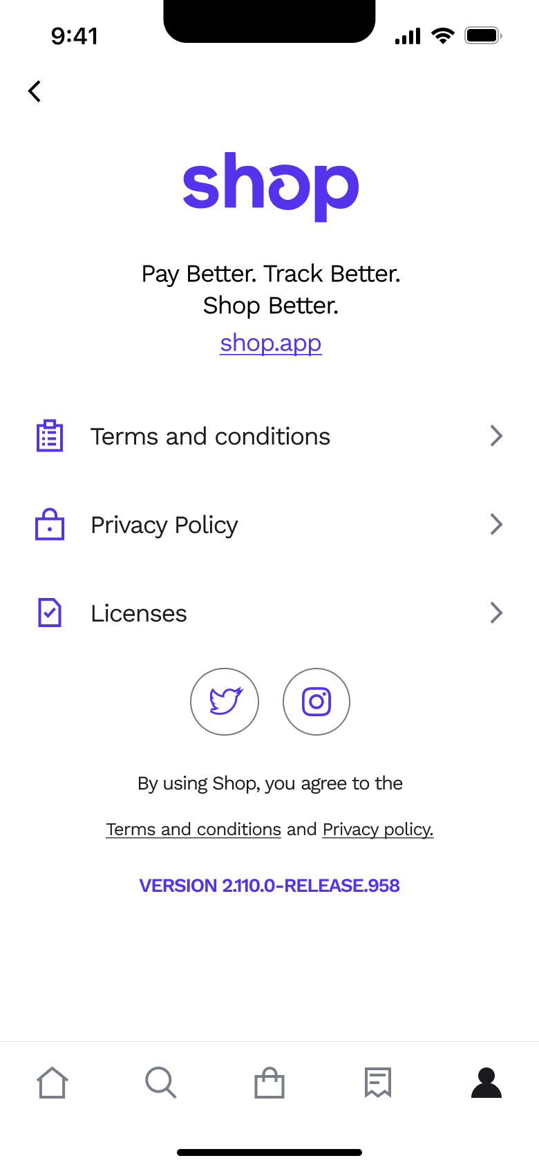 About: terms, privacy policy, licences and social links.