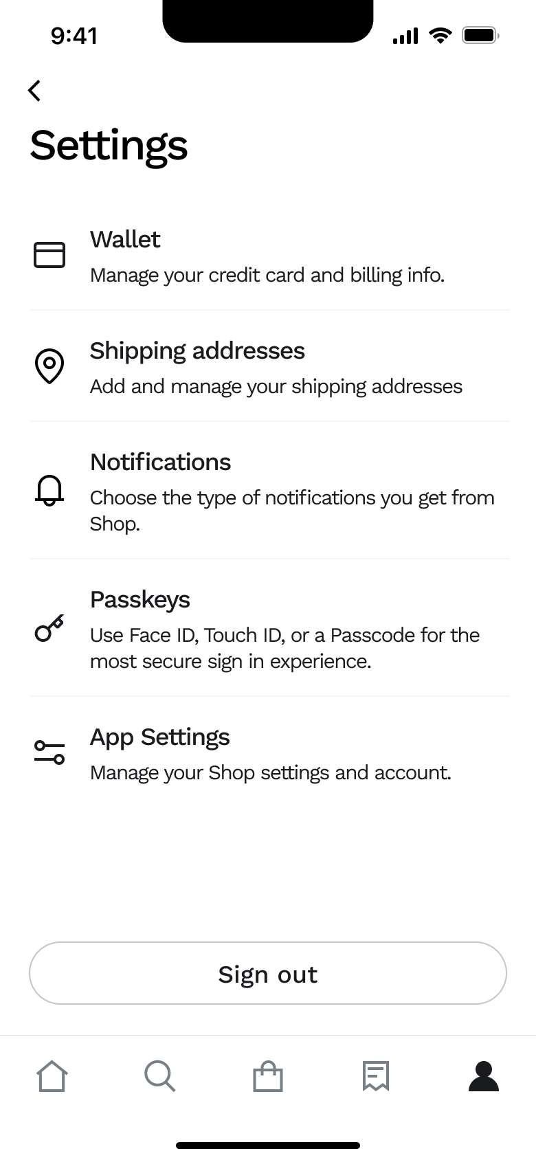 Settings: wallet, shipping addresses, notifications, passkeys and app settings.