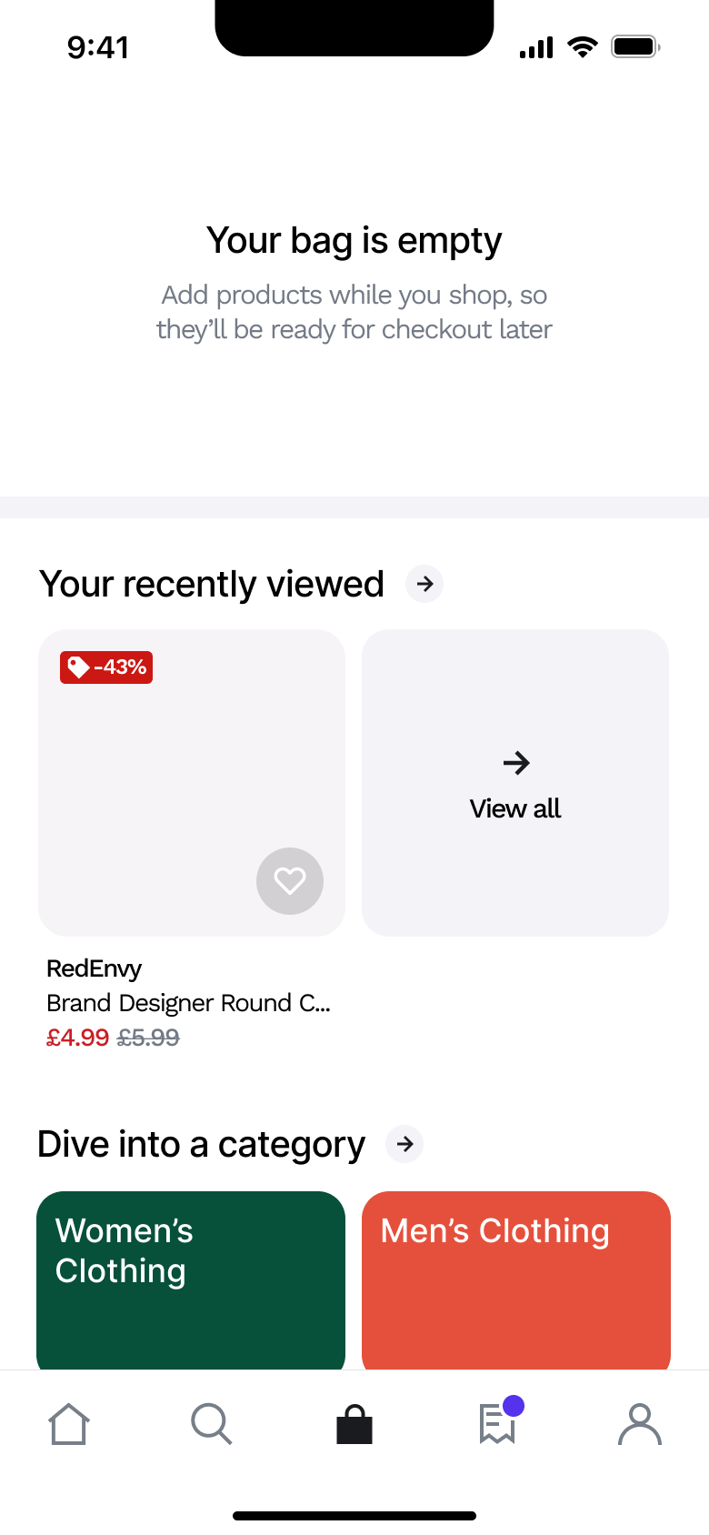 Your bag is empty: recently viewed and categories.