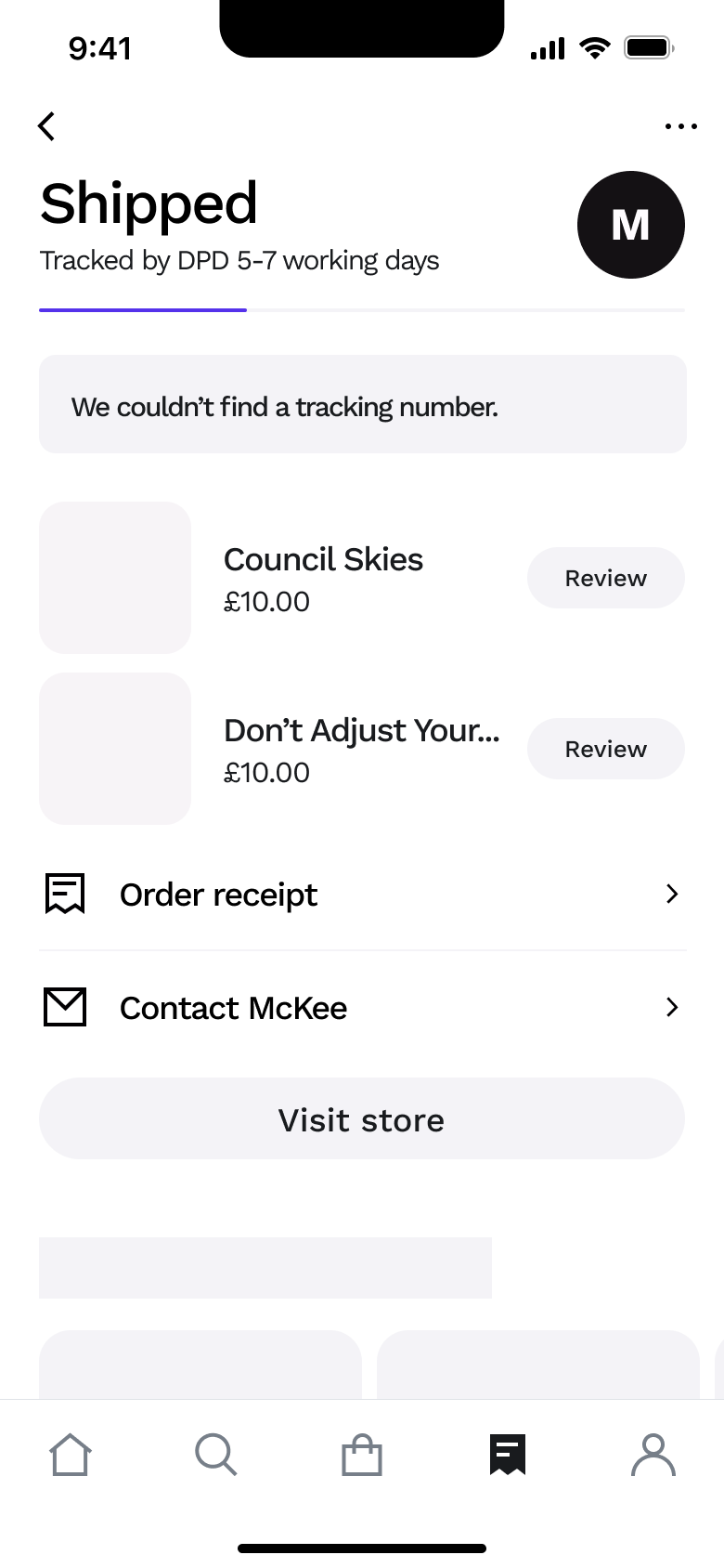 Shipped order: no tracking number notice, items with review, receipt and contact.