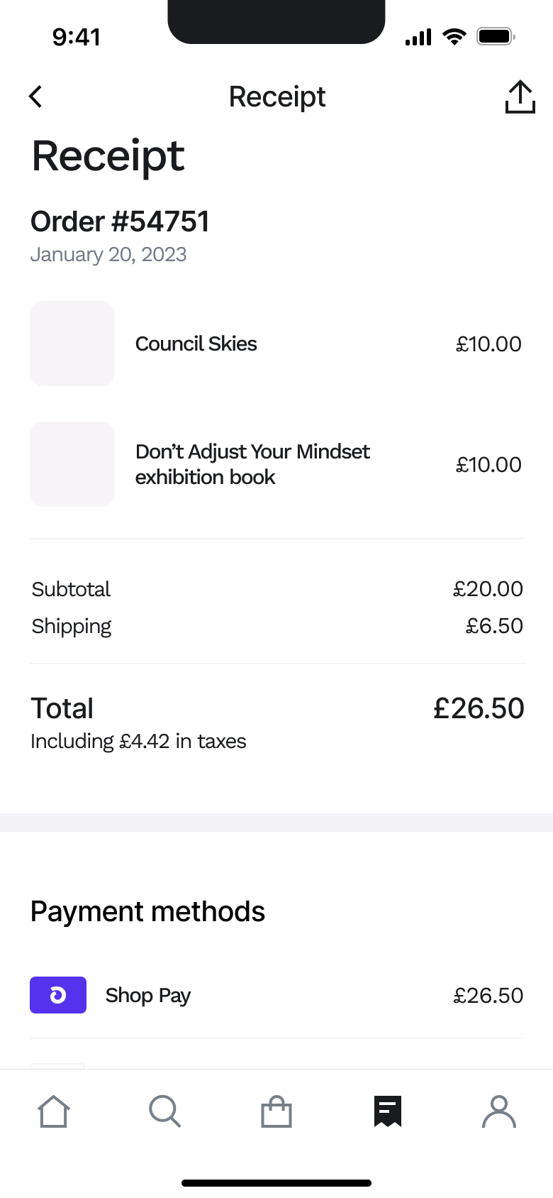 Receipt: order number, items, totals and payment methods.