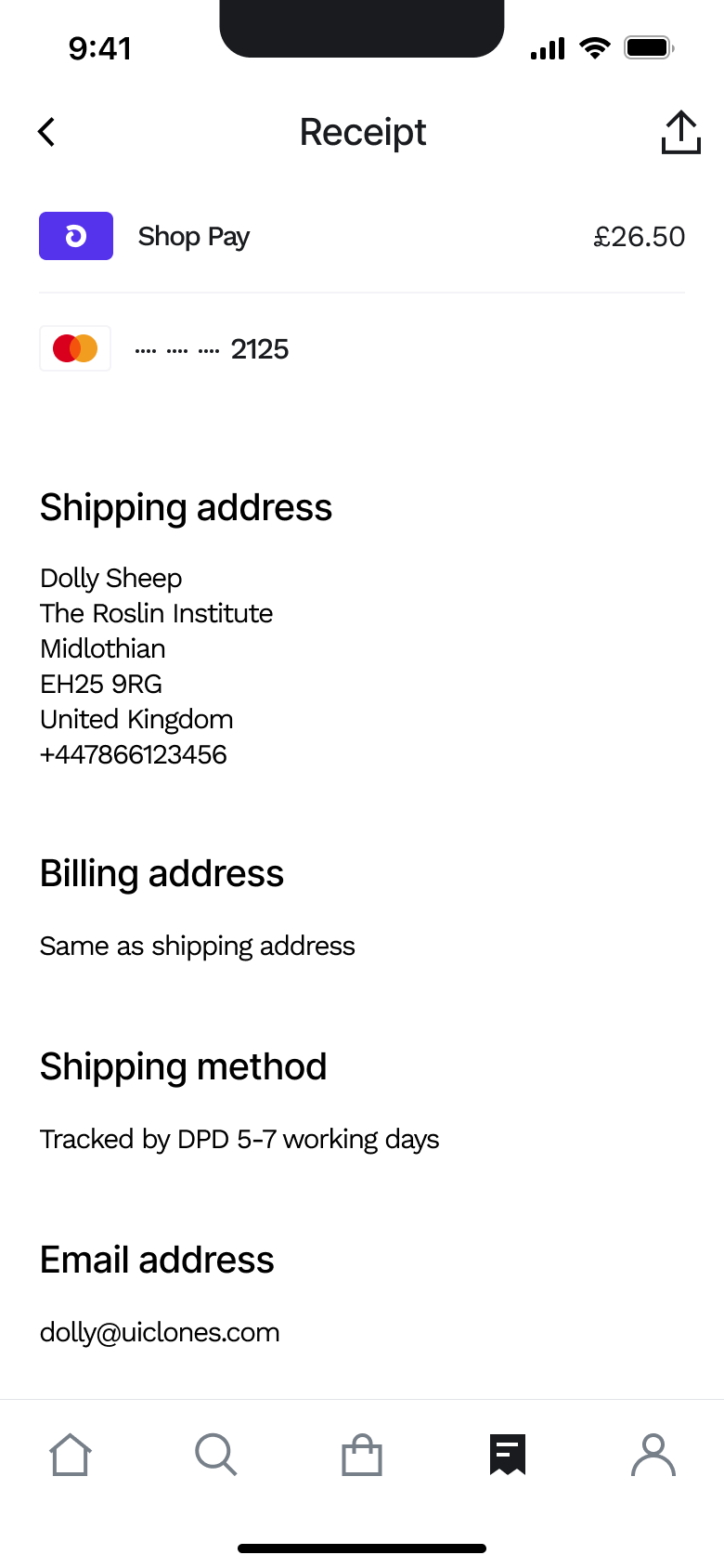 Receipt scrolled: payment, shipping address, billing and method.