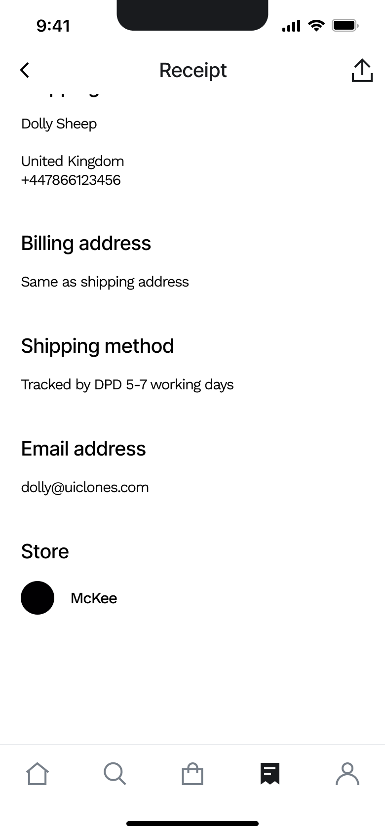 Receipt end: billing, shipping method, email and store.