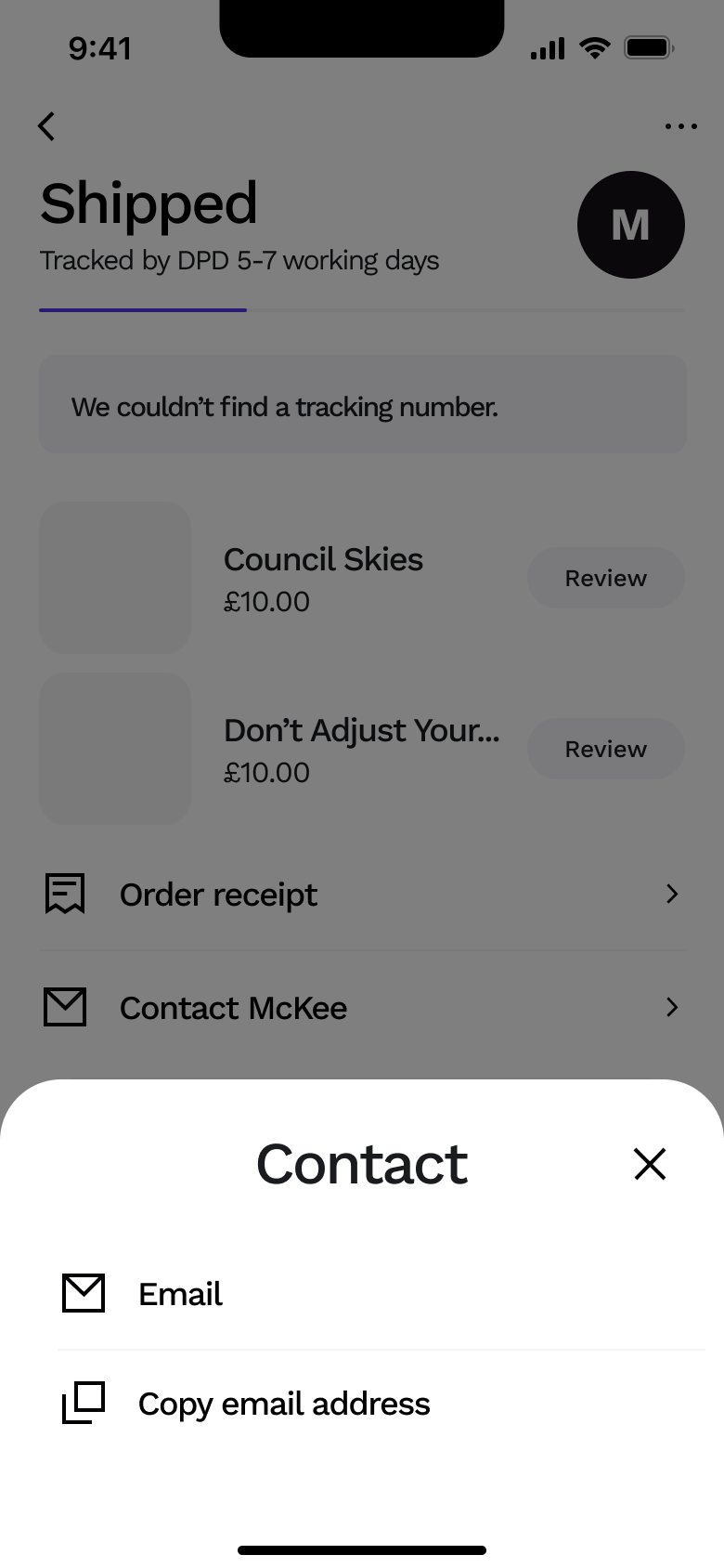Contact store sheet: email or copy email address.