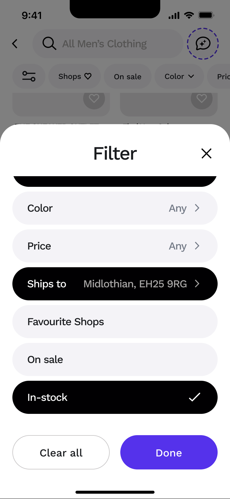 Filter sheet with ships to and in-stock selected.
