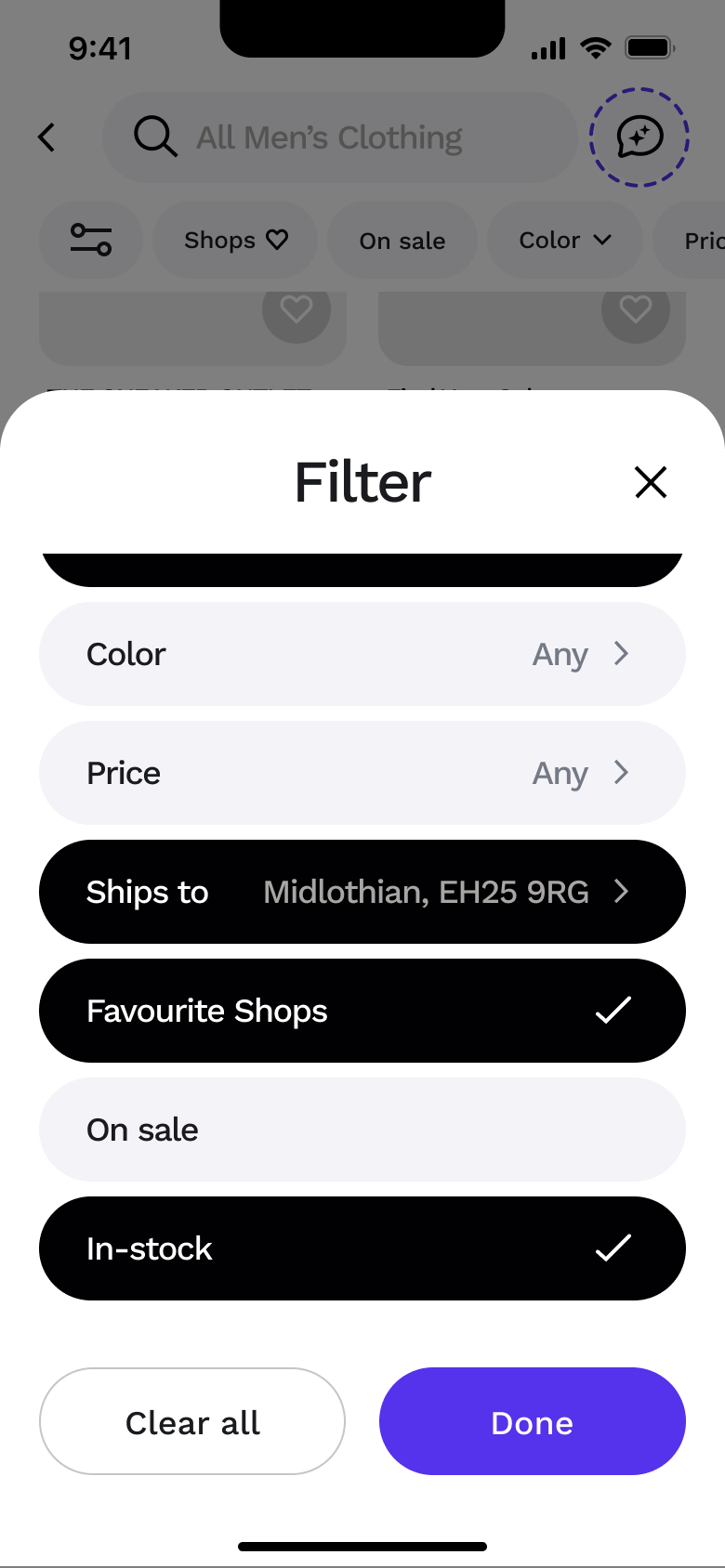 Filter sheet with favourite shops and in-stock selected.