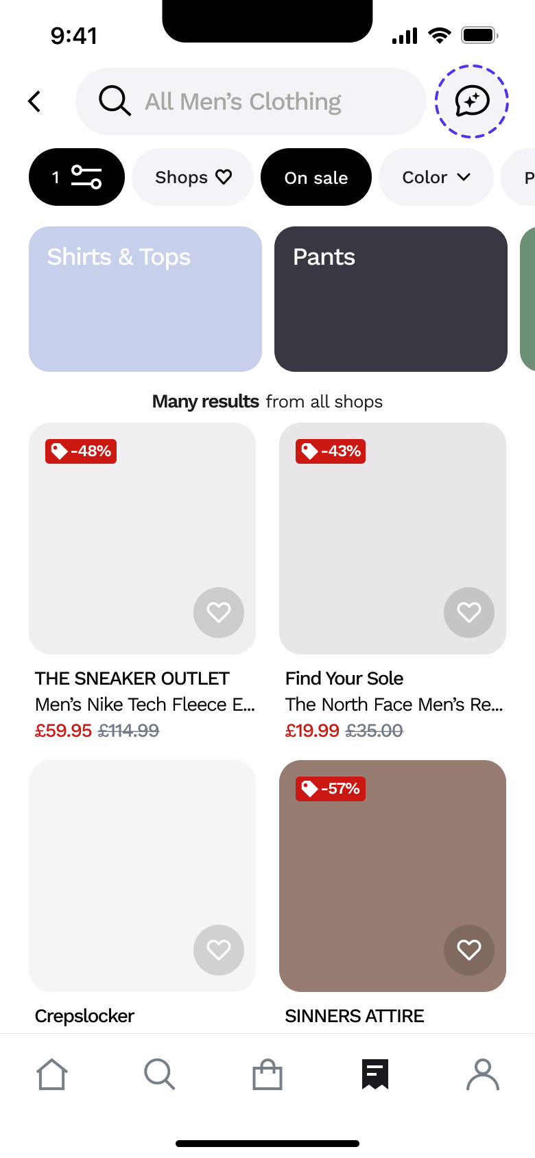 Filtered category results with filter count chip.