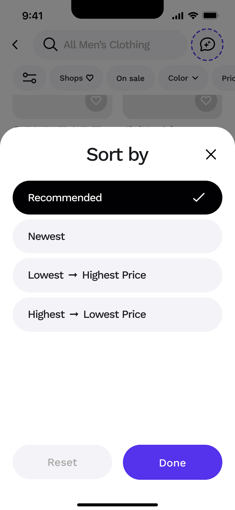 Sort by sheet: recommended, newest and price.