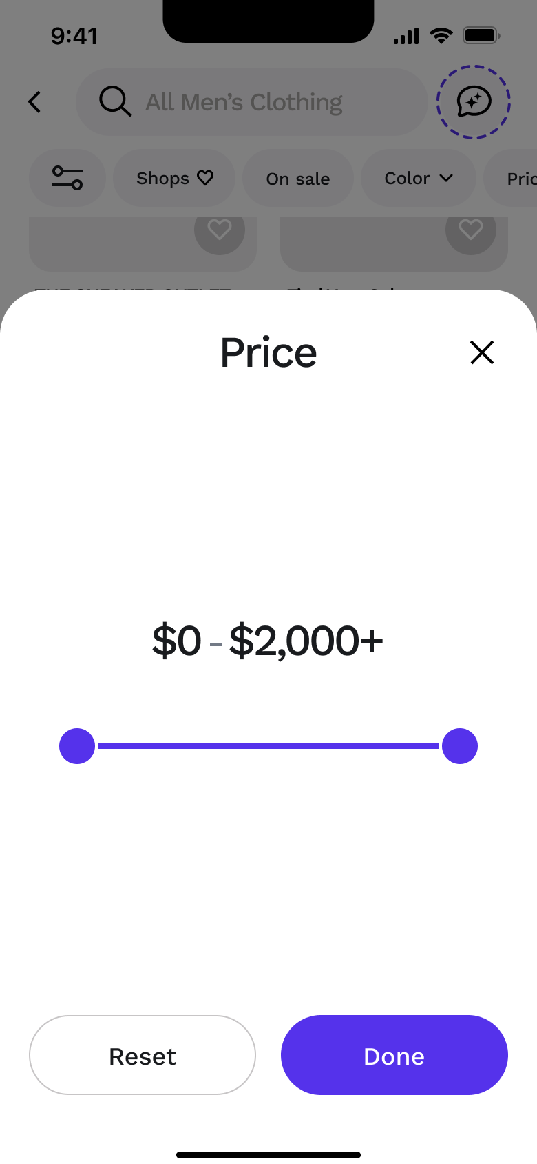 Price filter sheet with full range slider.