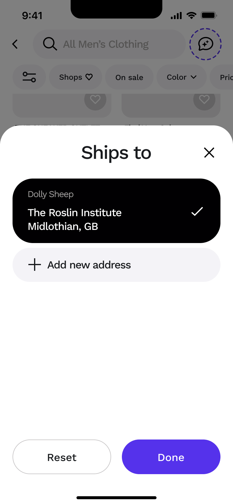 Ships to sheet with saved address and add new.