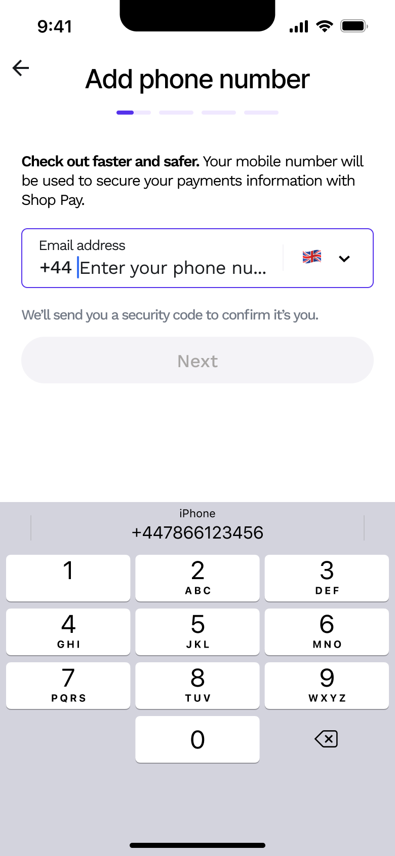 Phone number field focused with suggestion.