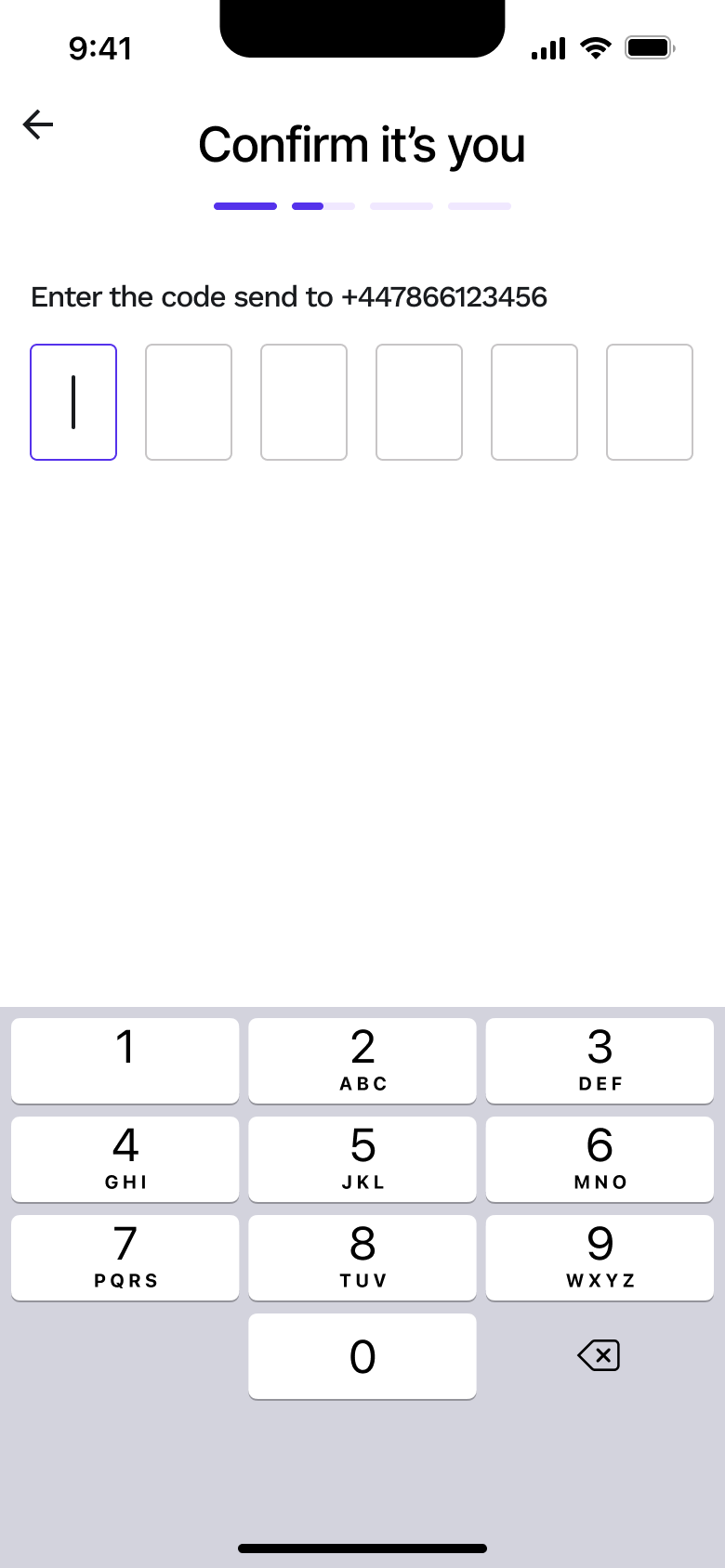 Confirm it's you: six-digit code entry.