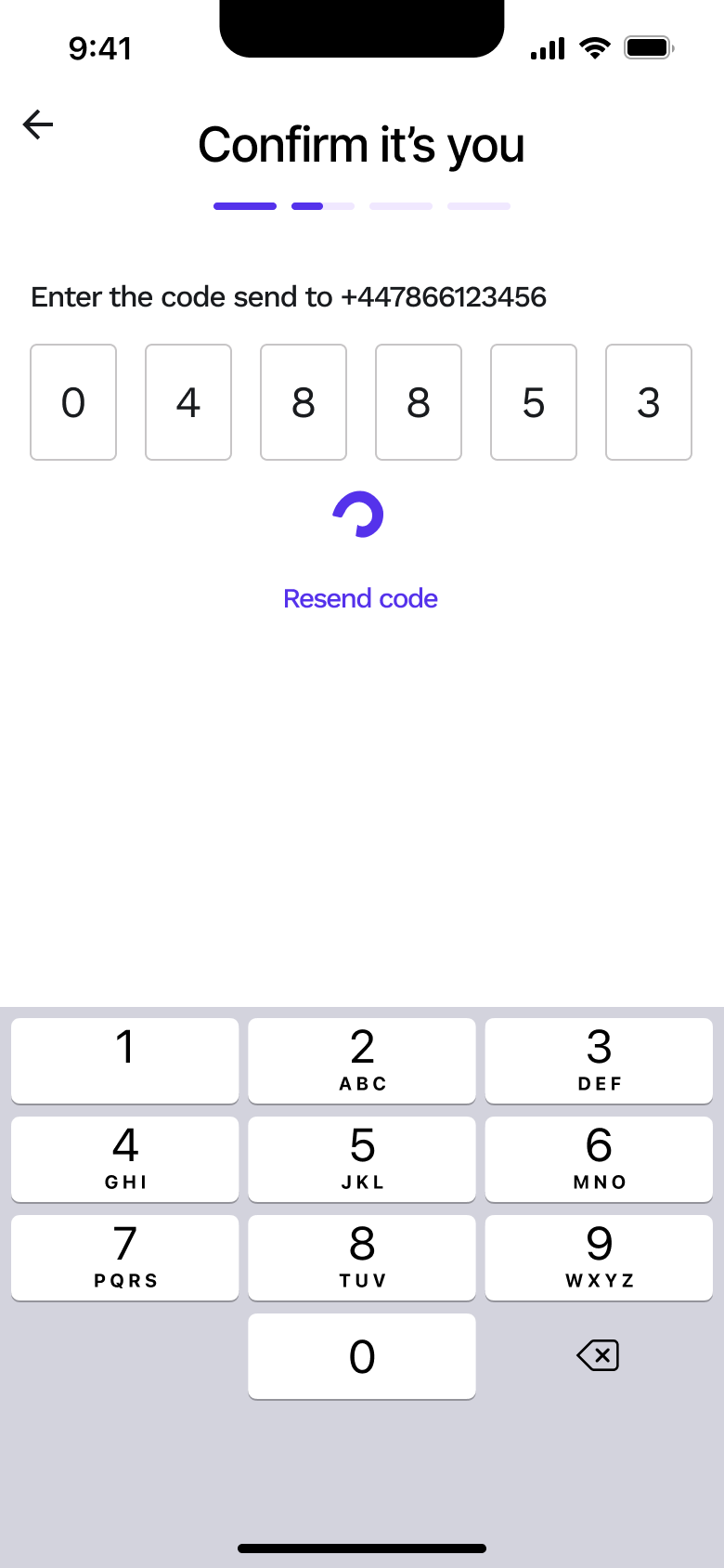 Code entered and verifying with resend.