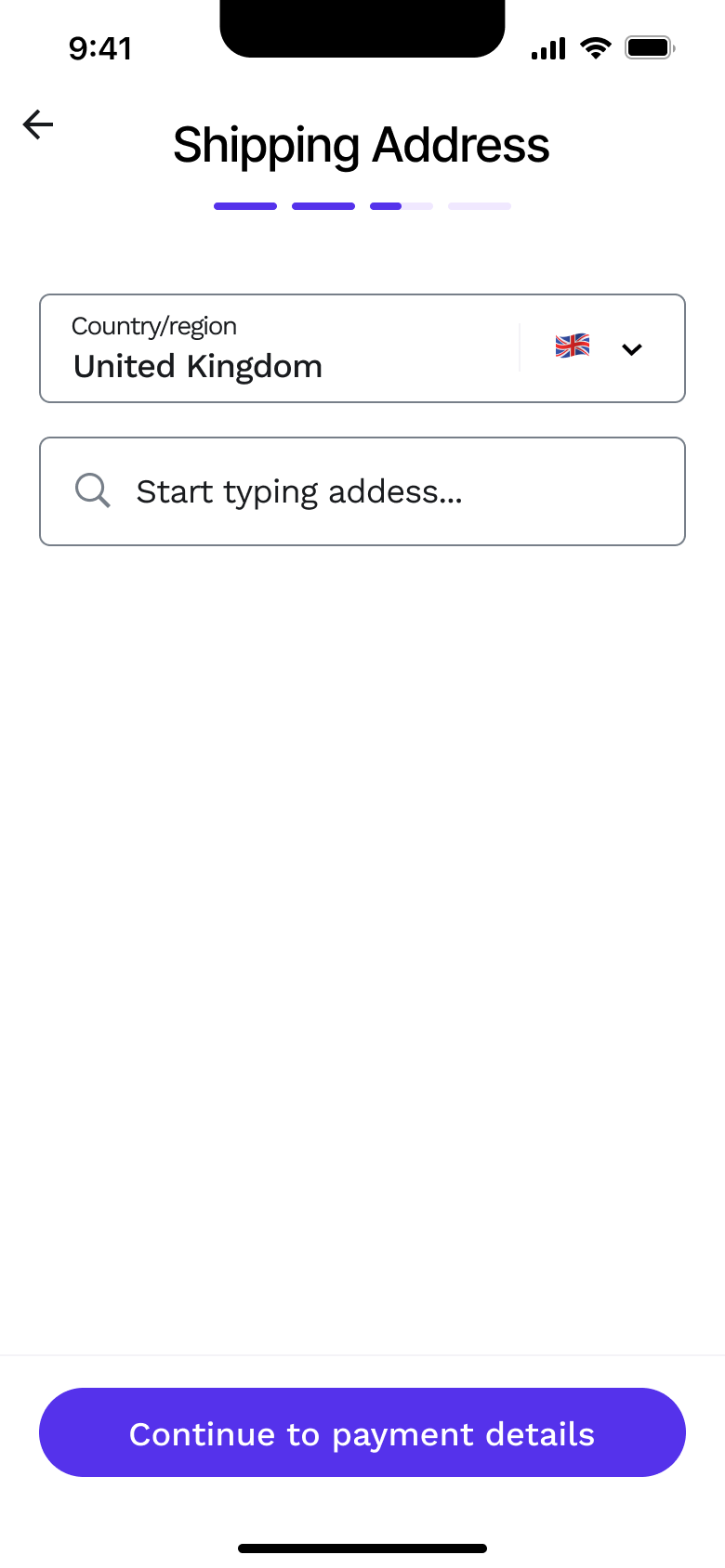 Shipping address: country and address search.