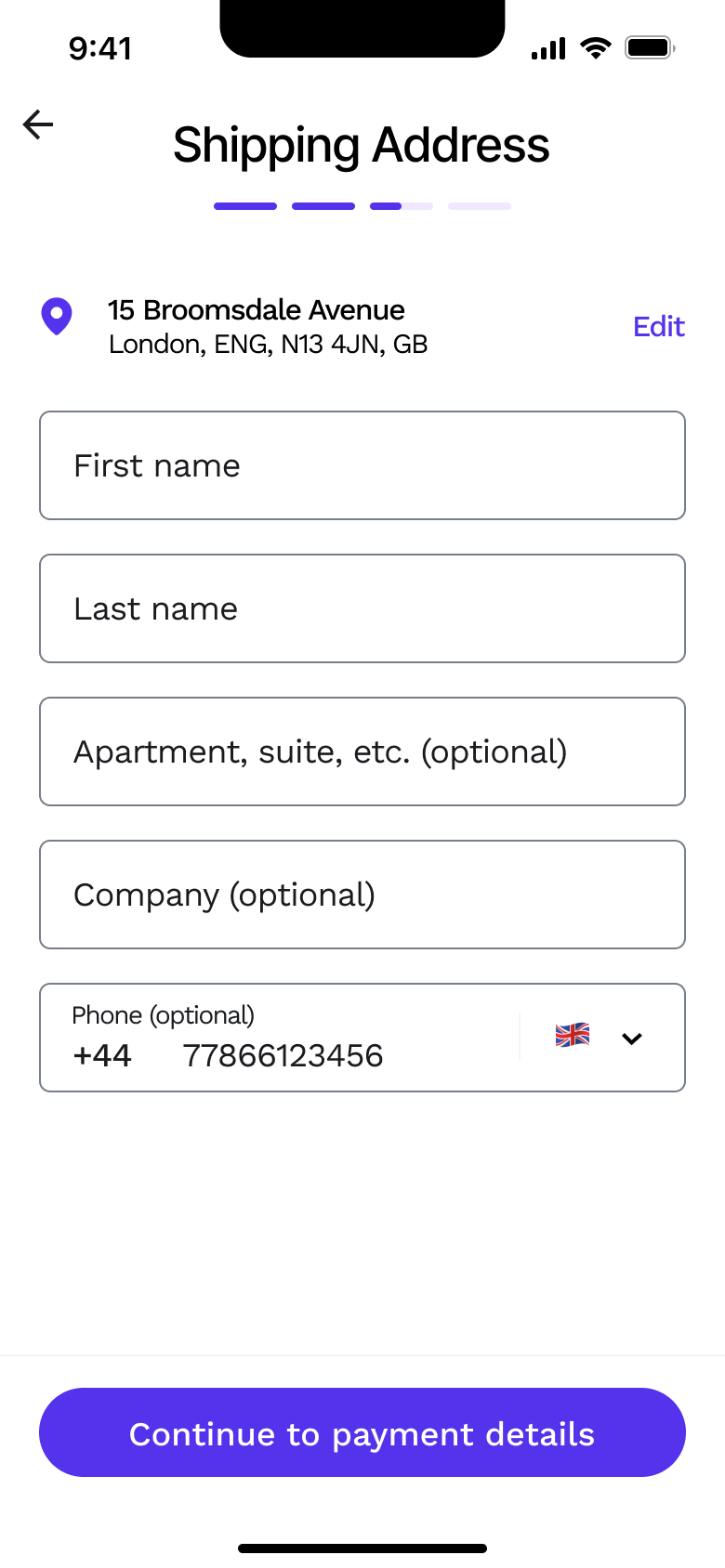 Shipping address: selected address with name and apartment fields.