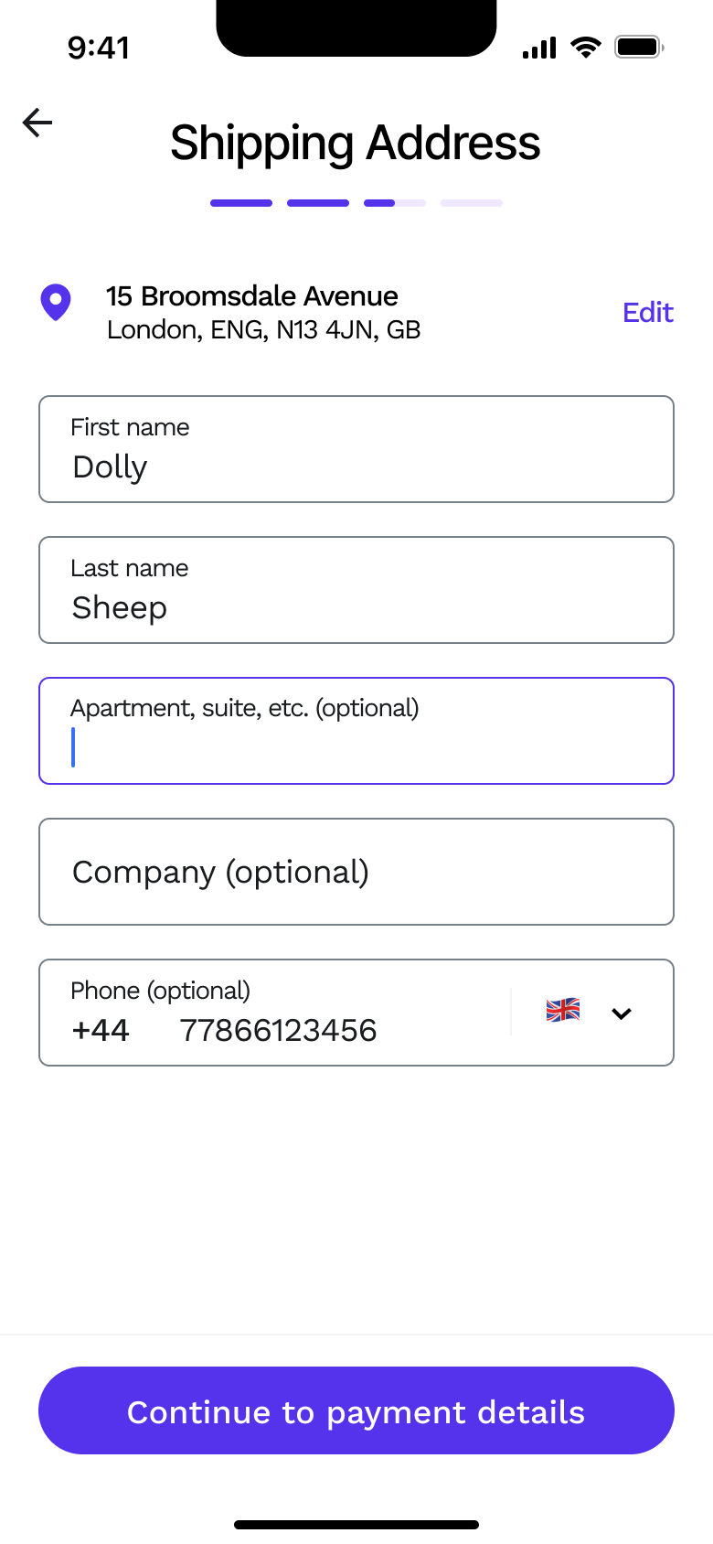 Shipping address complete with continue to payment details.