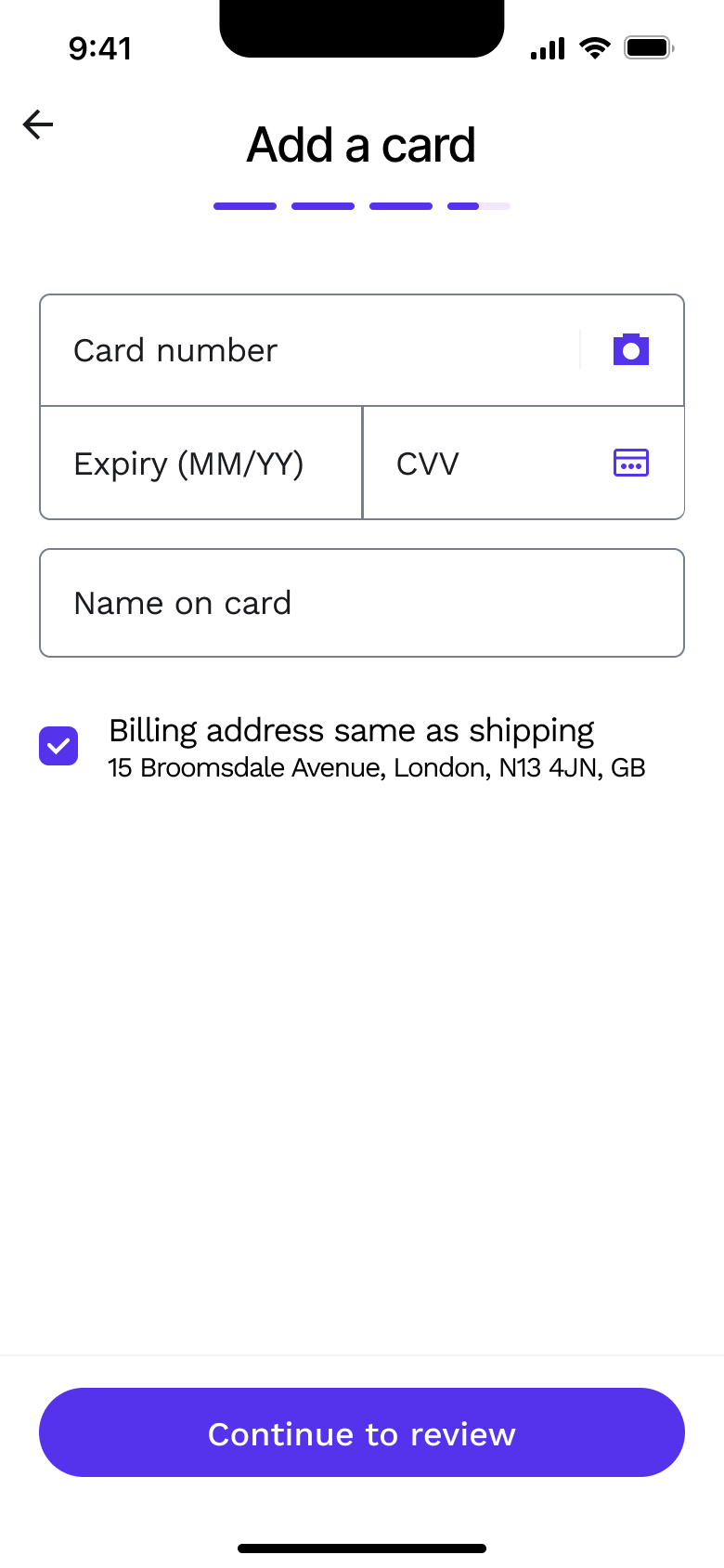 Add a card: number with scan, expiry, CVV, name and billing same as shipping.