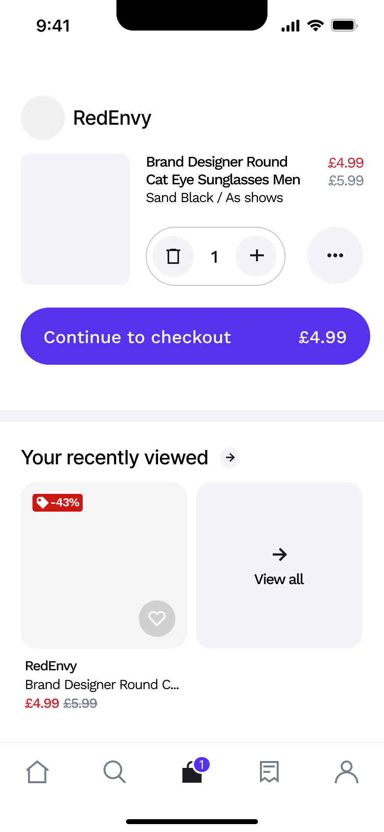 Bag: item with quantity, continue to checkout and recently viewed.